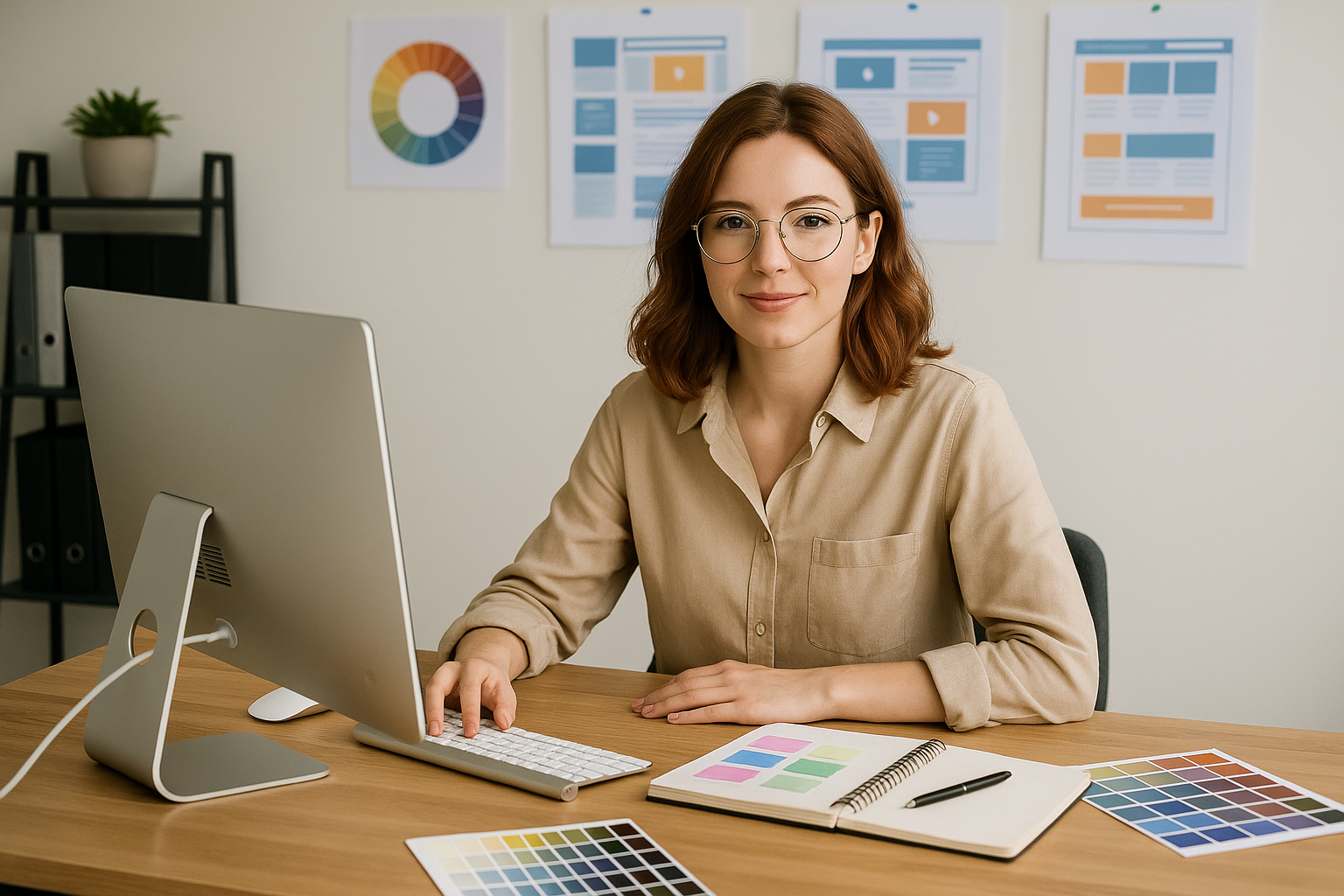 A young female web designer with shoulder-length hair sitting at a desk, working on a modern computer in a bright, creative office environment.