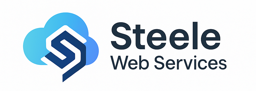 “Logo for Steele Web Services featuring a sleek, modern circular emblem with interlocking geometric shapes and bold dark typography on a white background.”